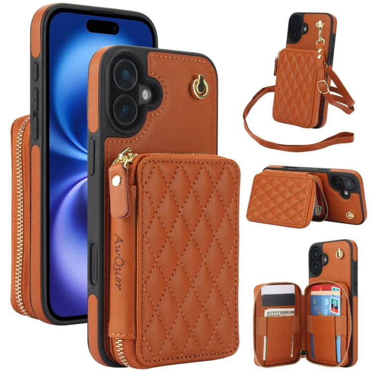 AwQuer Crossbody Zipper Wallet Rhombic Leather Back Phone Case, For iPhone 16 Pro Max, For iPhone 16 Pro, For iPhone 16 Plus, For iPhone 16