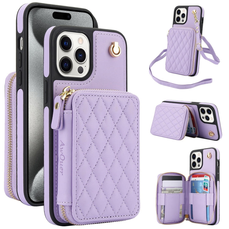 AwQuer Crossbody Zipper Wallet Rhombic Leather Back Phone Case, For iPhone 15 Pro Max, For iPhone 15 Pro, For iPhone 15 Plus, For iPhone 15