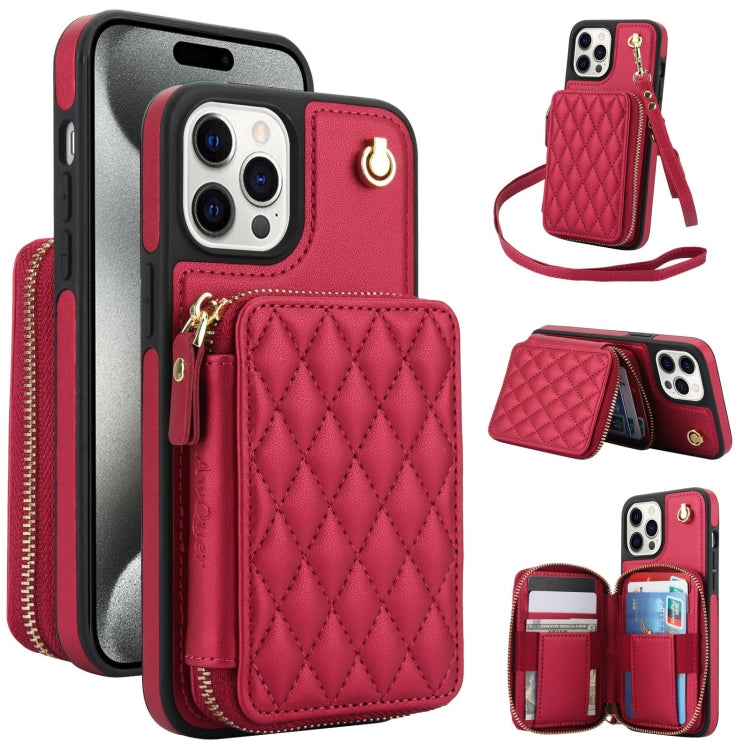 AwQuer Crossbody Zipper Wallet Rhombic Leather Back Phone Case, For iPhone 15 Pro Max, For iPhone 15 Pro, For iPhone 15 Plus, For iPhone 15