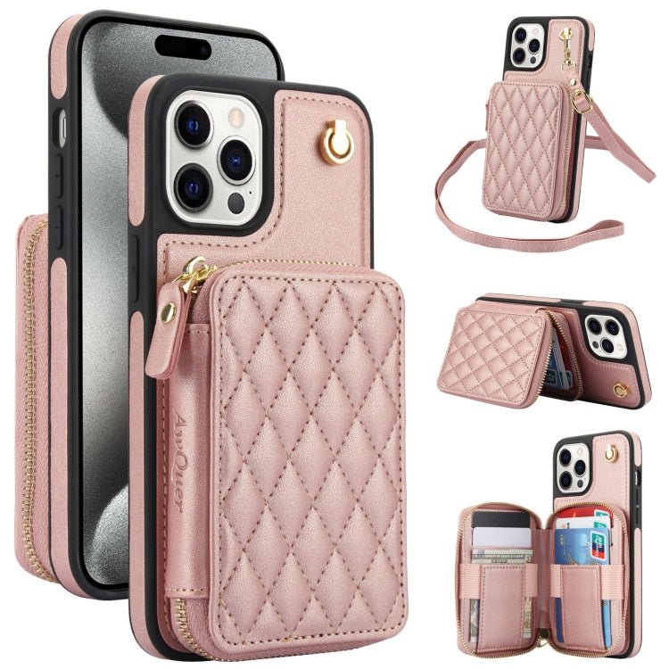 AwQuer Crossbody Zipper Wallet Rhombic Leather Back Phone Case, For iPhone 15 Pro Max, For iPhone 15 Pro, For iPhone 15 Plus, For iPhone 15