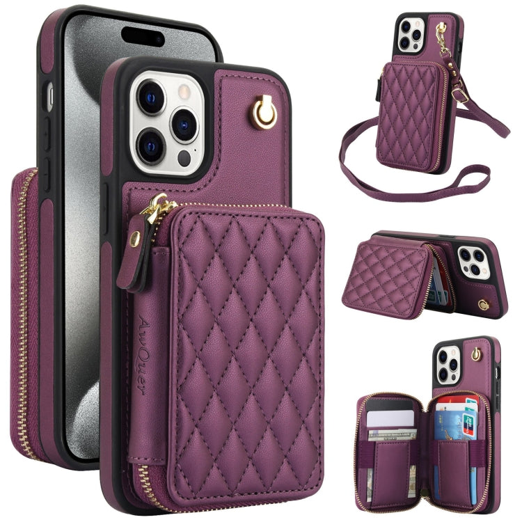 AwQuer Crossbody Zipper Wallet Rhombic Leather Back Phone Case, For iPhone 15 Pro Max, For iPhone 15 Pro, For iPhone 15 Plus, For iPhone 15