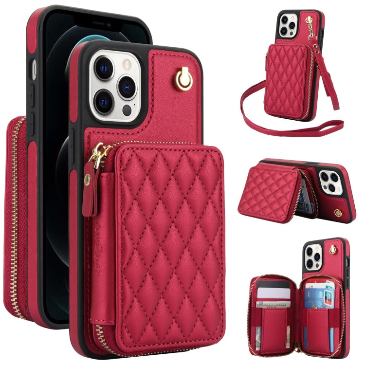 AwQuer Crossbody Zipper Wallet Rhombic Leather Back Phone Case, For iPhone 7 / 8 / SE 2022, For iPhone 13 Pro Max, For iPhone 13 Pro, For iPhone 12 / 12 Pro