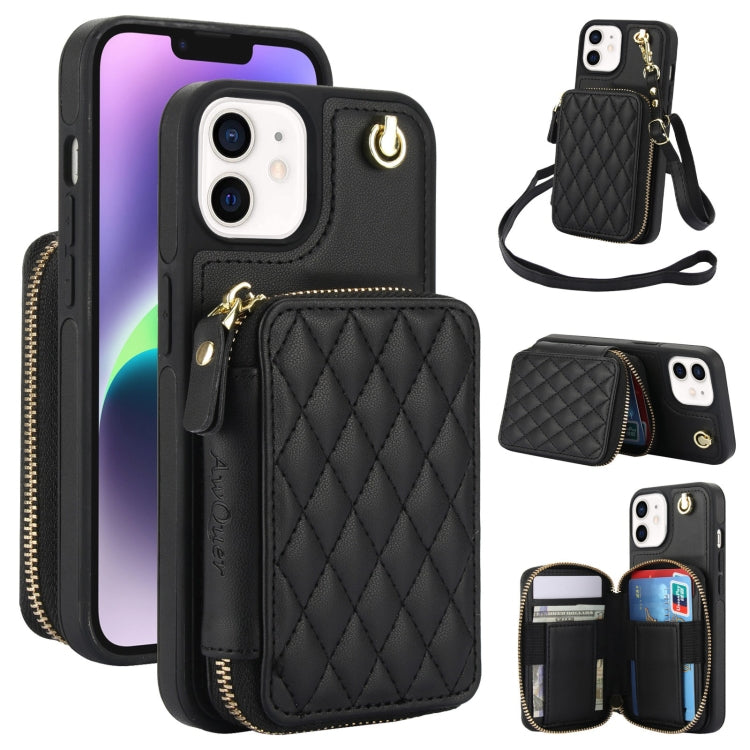 AwQuer Crossbody Zipper Wallet Rhombic Leather Back Phone Case, For iPhone 12 Pro Max, For iPhone 11 Pro Max, For iPhone 11, For iPhone 11 Pro