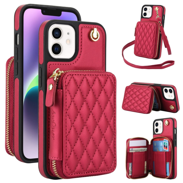 AwQuer Crossbody Zipper Wallet Rhombic Leather Back Phone Case, For iPhone 12 Pro Max, For iPhone 11 Pro Max, For iPhone 11, For iPhone 11 Pro