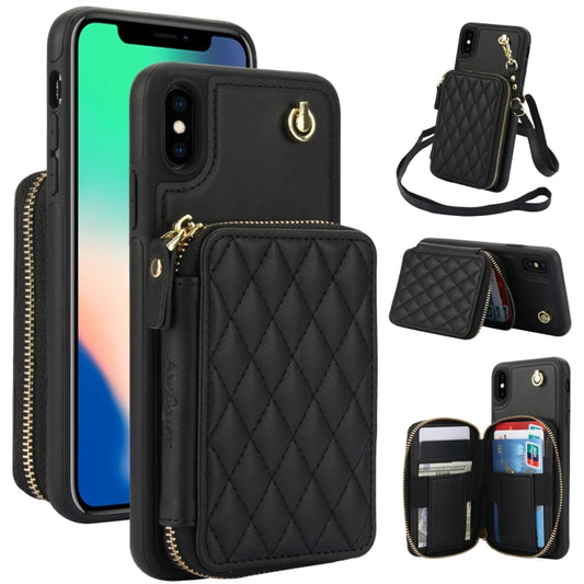 AwQuer Crossbody Zipper Wallet Rhombic Leather Back Phone Case, For iPhone X / XS, For iPhone XR, For iPhone XS Max, For iPhone 7 Plus / 8 Plus