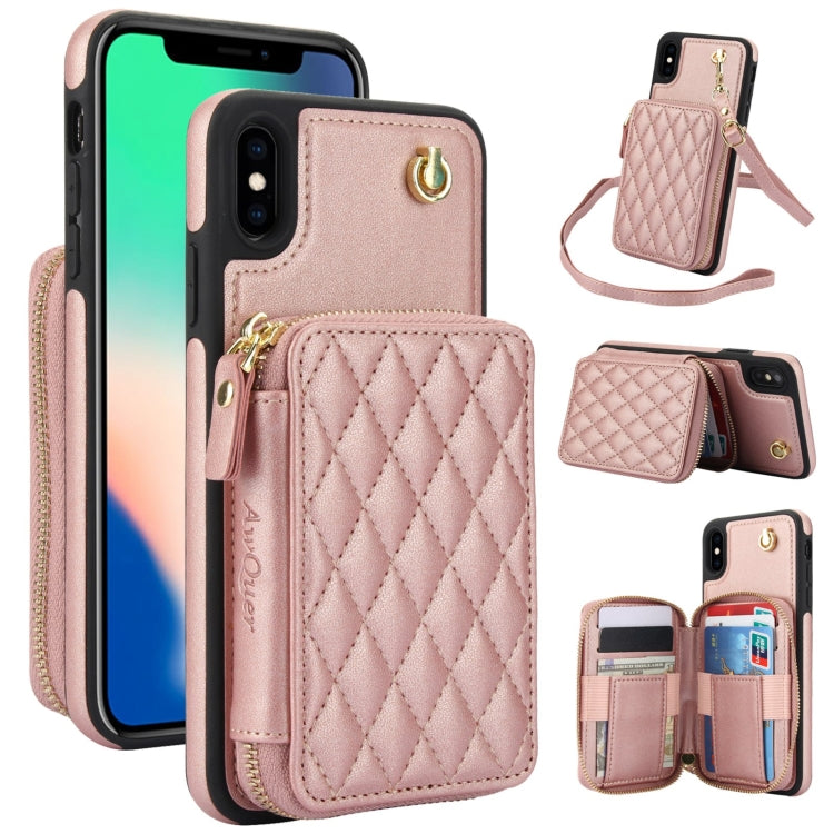 AwQuer Crossbody Zipper Wallet Rhombic Leather Back Phone Case, For iPhone X / XS, For iPhone XR, For iPhone XS Max, For iPhone 7 Plus / 8 Plus