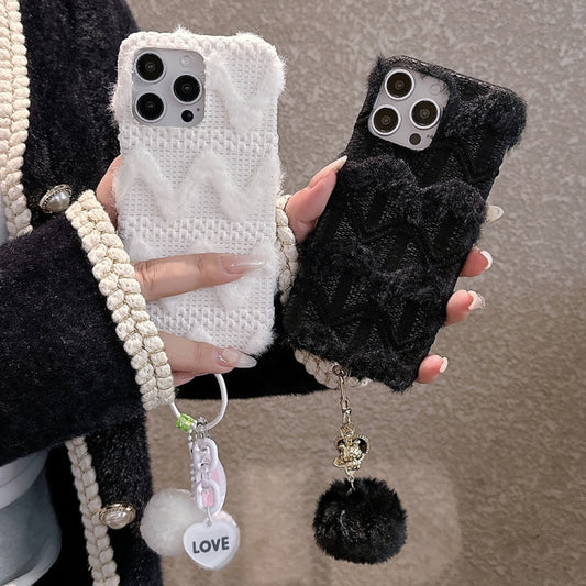 W-texture Plush PU Hybrid PC Phone Case with Doll Keychain, For iPhone 16 Pro Max, For iPhone 16 Pro, For iPhone 16 Plus, For iPhone 16, For iPhone 15 Pro Max, For iPhone 15 Pro, For iPhone 15 Plus, For iPhone 15, For iPhone 14 Plus, For iPhone 14