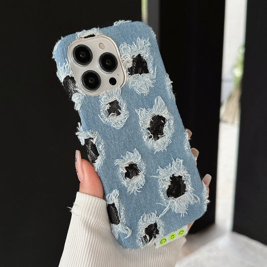 Creative Multi-hole Black Lace Denim PU Phone Case, For iPhone 16 Pro Max, For iPhone 16 Pro, For iPhone 16 Plus, For iPhone 16, For iPhone 15 Pro Max, For iPhone 15 Pro, For iPhone 15 Plus, For iPhone 15, For iPhone 14 Plus, For iPhone 14