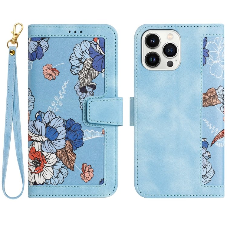 Floral Pattern Leather Phone Case with Lanyard, For iPhone 15 Pro Max, For iPhone 15 Pro, For iPhone 15 Plus, For iPhone 15, For iPhone 14 Plus