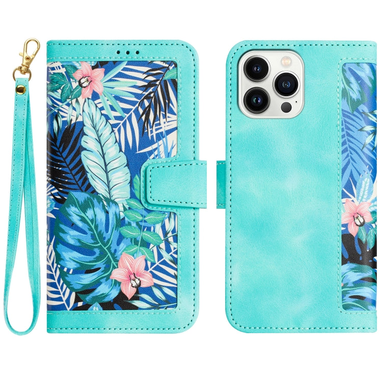 Floral Pattern Leather Phone Case with Lanyard, For iPhone 15 Pro Max, For iPhone 15 Pro, For iPhone 15 Plus, For iPhone 15, For iPhone 14 Plus