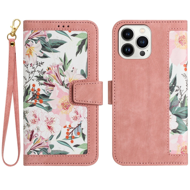 Floral Pattern Leather Phone Case with Lanyard, For iPhone 15 Pro Max, For iPhone 15 Pro, For iPhone 15 Plus, For iPhone 15, For iPhone 14 Plus