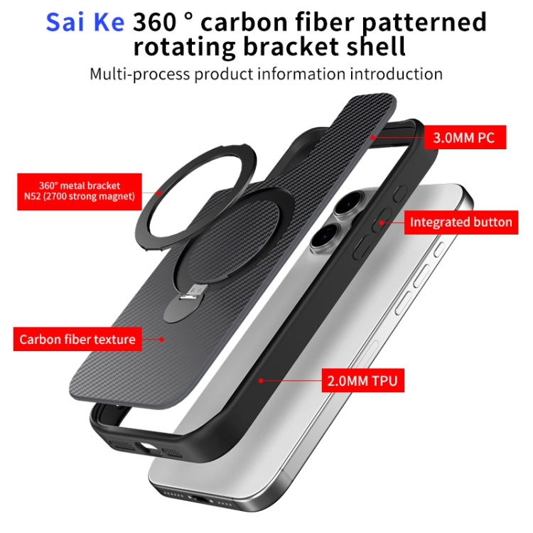 Carbon Fiber Texture 360 MagSafe Holder Phone Case, For iPhone 16 Pro Max, For iPhone 16 Pro, For iPhone 16 Plus, For iPhone 16, For iPhone 15 Pro Max, For iPhone 15 Pro, For iPhone 15 Plus / 14 Plus, For iPhone 15