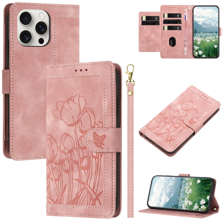 Tulips Embossed Leather Phone Case with Lanyard, iPhone 16e, For iPhone 16 Pro Max, For iPhone 16 Pro, For iPhone 16 Plus, For iPhone 16