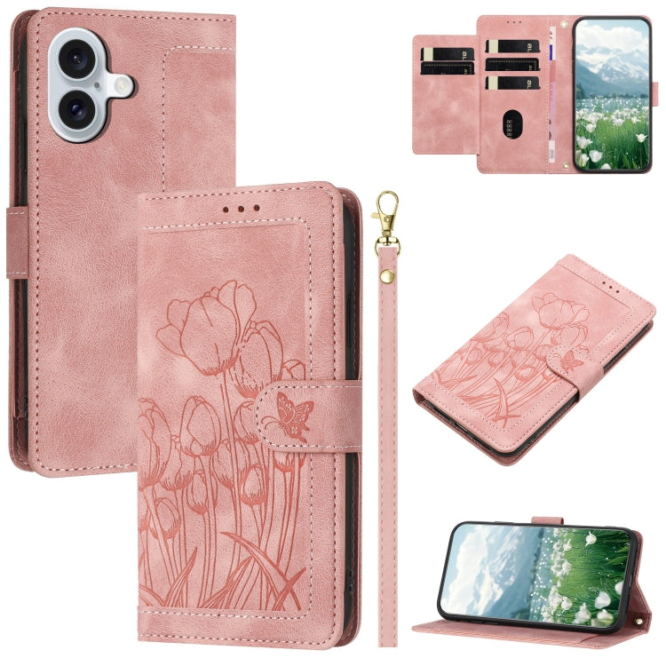 Tulips Embossed Leather Phone Case with Lanyard, iPhone 16e, For iPhone 16 Pro Max, For iPhone 16 Pro, For iPhone 16 Plus, For iPhone 16