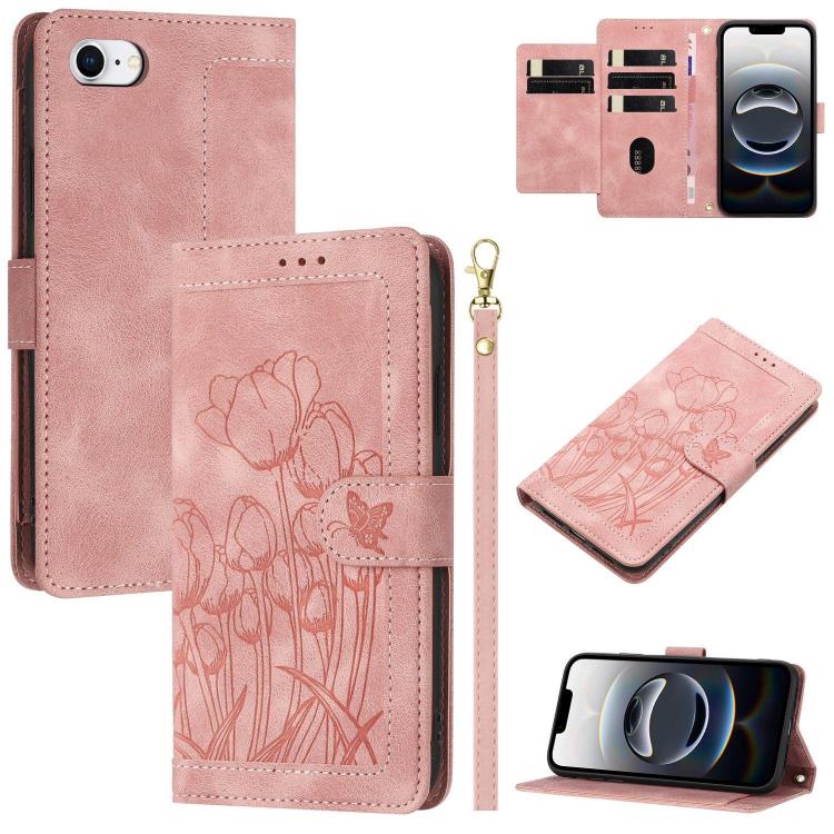 Tulips Embossed Leather Phone Case with Lanyard, iPhone 16e, For iPhone 16 Pro Max, For iPhone 16 Pro, For iPhone 16 Plus, For iPhone 16