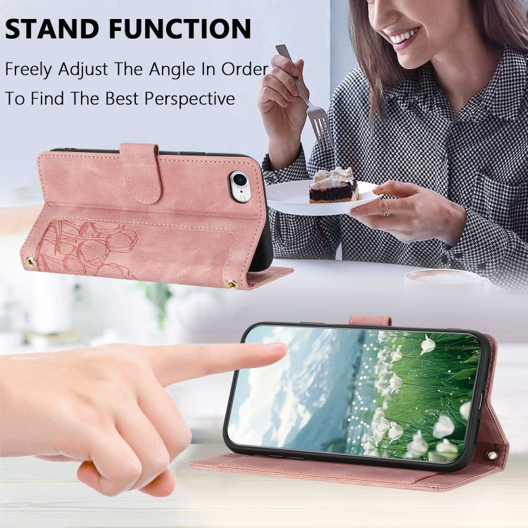 Tulips Embossed Leather Phone Case with Lanyard, iPhone 16e, For iPhone 16 Pro Max, For iPhone 16 Pro, For iPhone 16 Plus, For iPhone 16