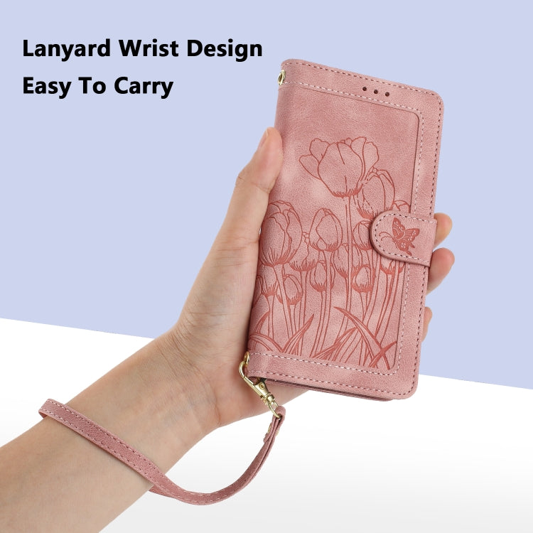 Tulips Embossed Leather Phone Case with Lanyard, iPhone 16e, For iPhone 16 Pro Max, For iPhone 16 Pro, For iPhone 16 Plus, For iPhone 16