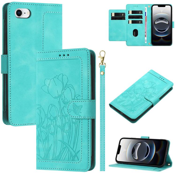 Tulips Embossed Leather Phone Case with Lanyard, iPhone 16e, For iPhone 16 Pro Max, For iPhone 16 Pro, For iPhone 16 Plus, For iPhone 16