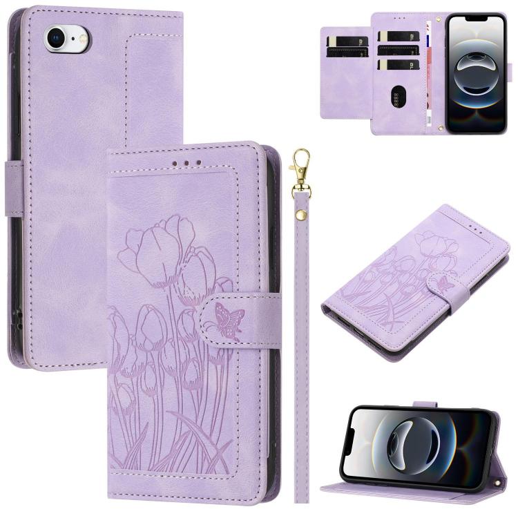 Tulips Embossed Leather Phone Case with Lanyard, iPhone 16e, For iPhone 16 Pro Max, For iPhone 16 Pro, For iPhone 16 Plus, For iPhone 16