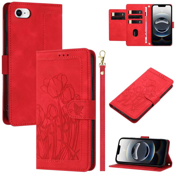 Tulips Embossed Leather Phone Case with Lanyard, iPhone 16e, For iPhone 16 Pro Max, For iPhone 16 Pro, For iPhone 16 Plus, For iPhone 16