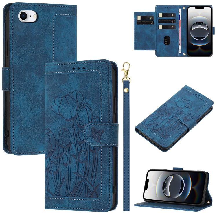 Tulips Embossed Leather Phone Case with Lanyard, iPhone 16e, For iPhone 16 Pro Max, For iPhone 16 Pro, For iPhone 16 Plus, For iPhone 16