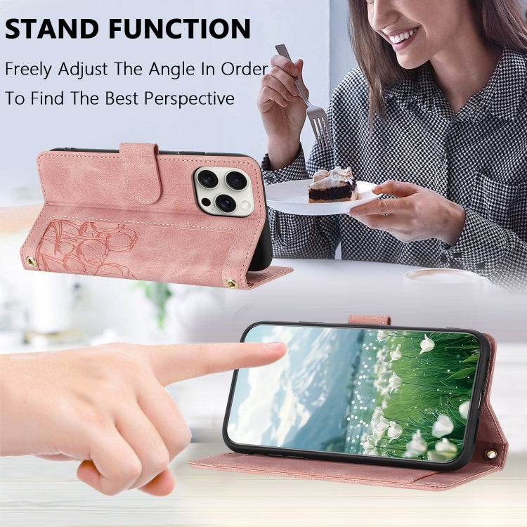 Tulips Embossed Leather Phone Case with Lanyard, For iPhone 15 Pro Max, For iPhone 15 Pro, For iPhone 15 Plus, For iPhone 15, For iPhone 14 Plus