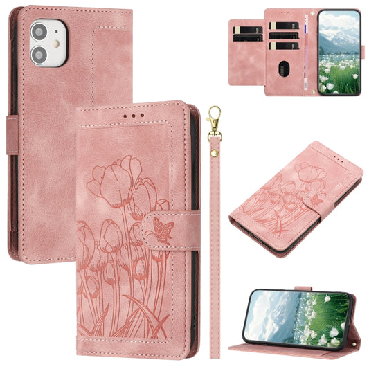 Tulips Embossed Leather Phone Case with Lanyard, For iPhone 12 mini, For iPhone 11 Pro Max, For iPhone 11, For iPhone 11 Pro, For iPhone XS / X