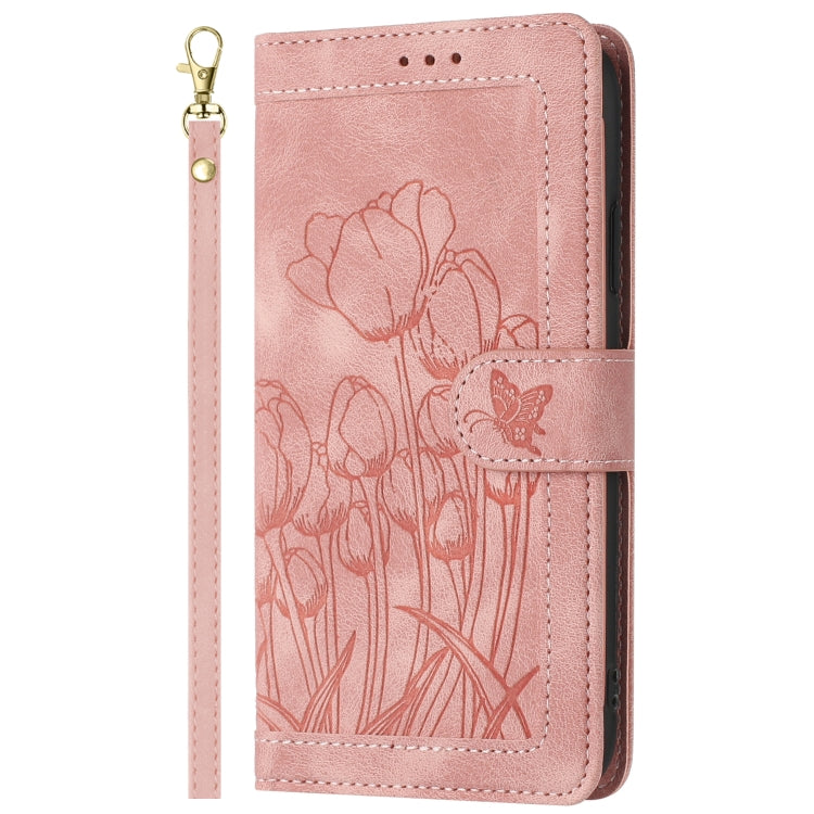 Tulips Embossed Leather Phone Case with Lanyard, For iPhone 12 mini, For iPhone 11 Pro Max, For iPhone 11, For iPhone 11 Pro, For iPhone XS / X