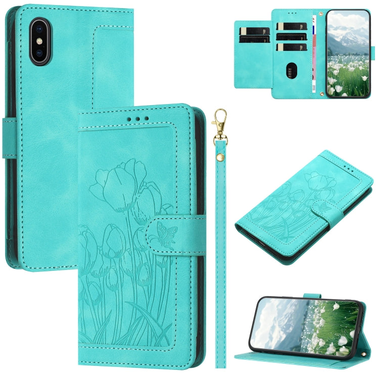 Tulips Embossed Leather Phone Case with Lanyard, For iPhone 12 mini, For iPhone 11 Pro Max, For iPhone 11, For iPhone 11 Pro, For iPhone XS / X