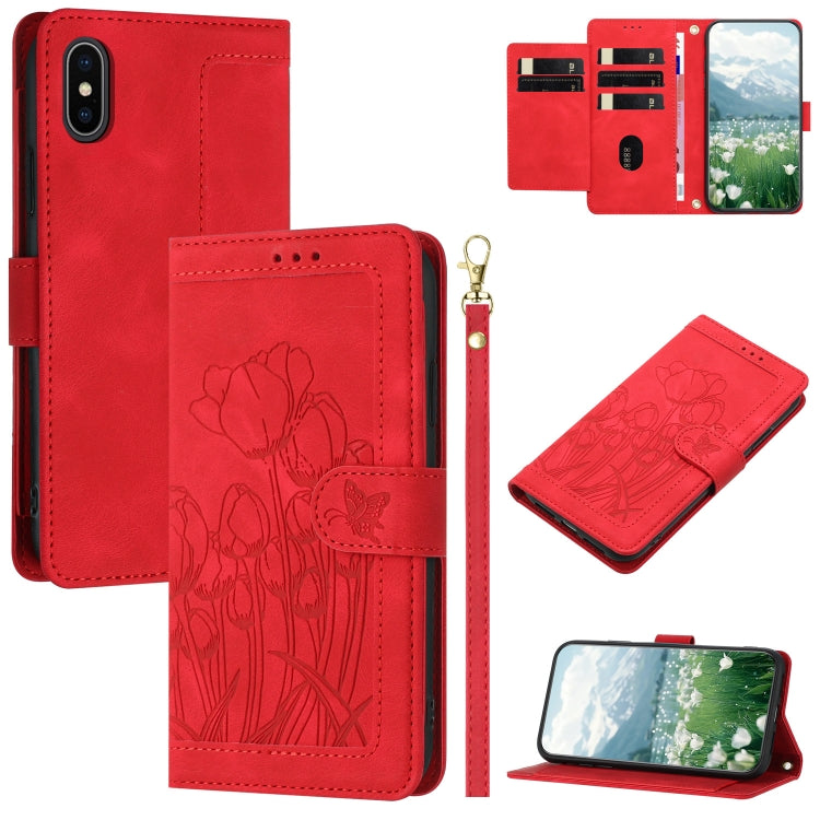 Tulips Embossed Leather Phone Case with Lanyard, For iPhone 12 mini, For iPhone 11 Pro Max, For iPhone 11, For iPhone 11 Pro, For iPhone XS / X