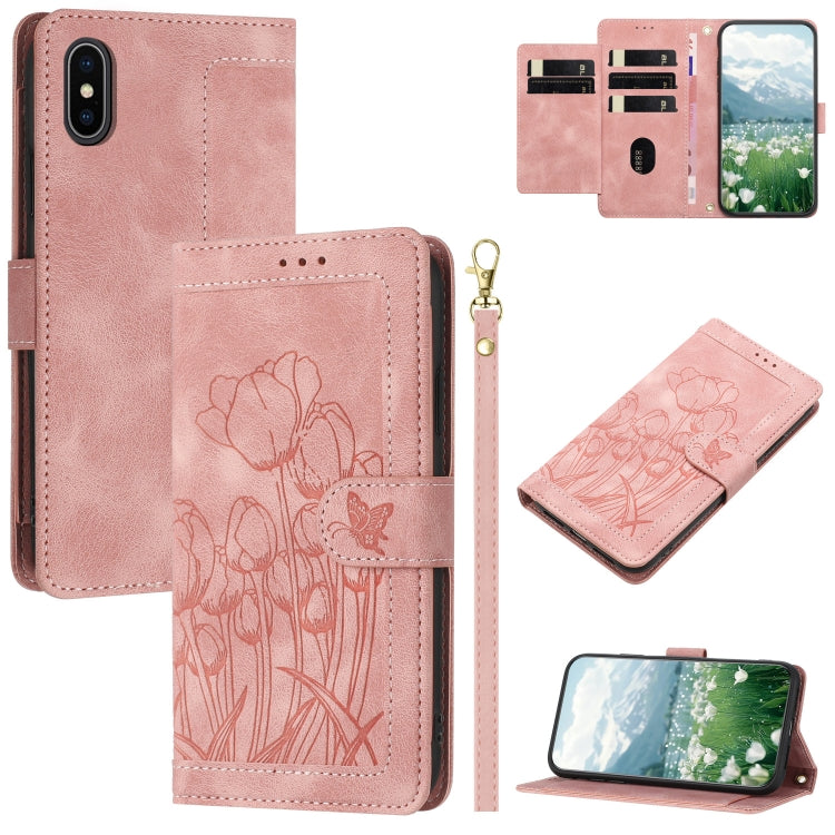 Tulips Embossed Leather Phone Case with Lanyard, For iPhone XR, For iPhone XS Max, For iPhone 8 Plus / 7 Plus