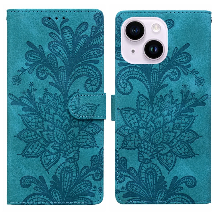 Lace Floral Embossed Magnetic Buckle PU Phone Case With Wrist Strap, For iPhone 14 Plus / 15 Plus, For iPhone 15, For iPhone 13 / 14, For iPhone 14 Pro, For iPhone 14 Pro Max, For iPhone 6 / 7 / SE 2022