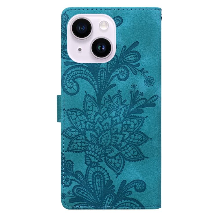 Lace Floral Embossed Magnetic Buckle PU Phone Case With Wrist Strap, For iPhone 14 Plus / 15 Plus, For iPhone 15, For iPhone 13 / 14, For iPhone 14 Pro, For iPhone 14 Pro Max, For iPhone 6 / 7 / SE 2022