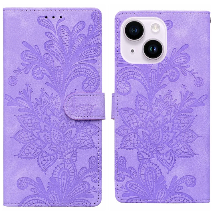 Lace Floral Embossed Magnetic Buckle PU Phone Case With Wrist Strap, For iPhone 14 Plus / 15 Plus, For iPhone 15, For iPhone 13 / 14, For iPhone 14 Pro, For iPhone 14 Pro Max, For iPhone 6 / 7 / SE 2022