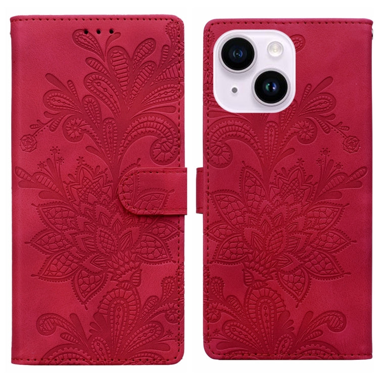 Lace Floral Embossed Magnetic Buckle PU Phone Case With Wrist Strap, For iPhone 14 Plus / 15 Plus, For iPhone 15, For iPhone 13 / 14, For iPhone 14 Pro, For iPhone 14 Pro Max, For iPhone 6 / 7 / SE 2022