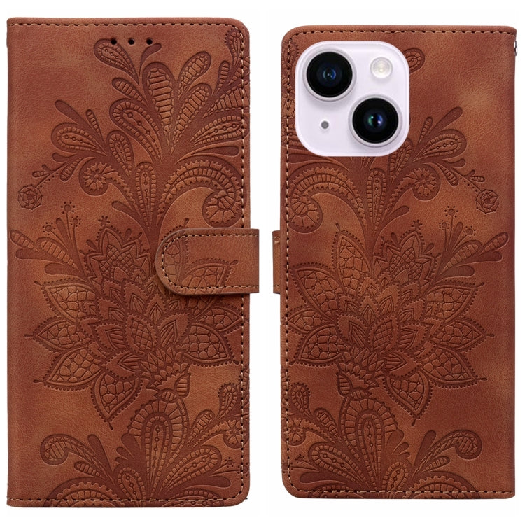 Lace Floral Embossed Magnetic Buckle PU Phone Case With Wrist Strap, For iPhone 14 Plus / 15 Plus, For iPhone 15, For iPhone 13 / 14, For iPhone 14 Pro, For iPhone 14 Pro Max, For iPhone 6 / 7 / SE 2022