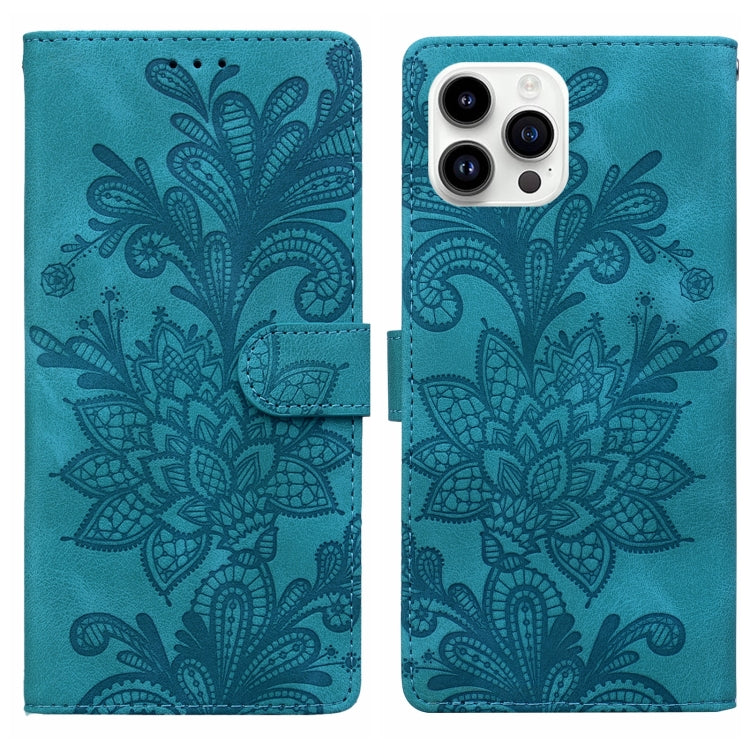 Lace Floral Embossed Magnetic Buckle PU Phone Case With Wrist Strap, For iPhone 14 Plus / 15 Plus, For iPhone 15, For iPhone 13 / 14, For iPhone 14 Pro, For iPhone 14 Pro Max, For iPhone 6 / 7 / SE 2022