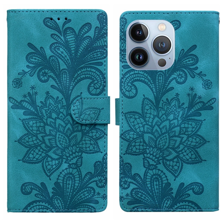 Lace Floral Embossed Magnetic Buckle PU Phone Case With Wrist Strap, For iPhone 14 Plus / 15 Plus, For iPhone 15, For iPhone 13 / 14, For iPhone 14 Pro, For iPhone 14 Pro Max, For iPhone 6 / 7 / SE 2022