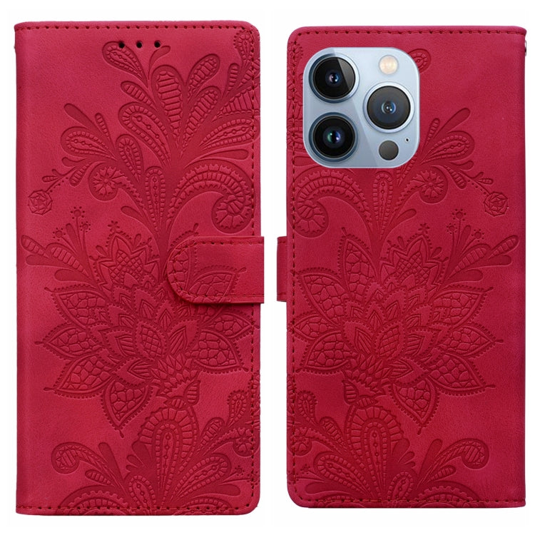 Lace Floral Embossed Magnetic Buckle PU Phone Case With Wrist Strap, For iPhone 14 Plus / 15 Plus, For iPhone 15, For iPhone 13 / 14, For iPhone 14 Pro, For iPhone 14 Pro Max, For iPhone 6 / 7 / SE 2022