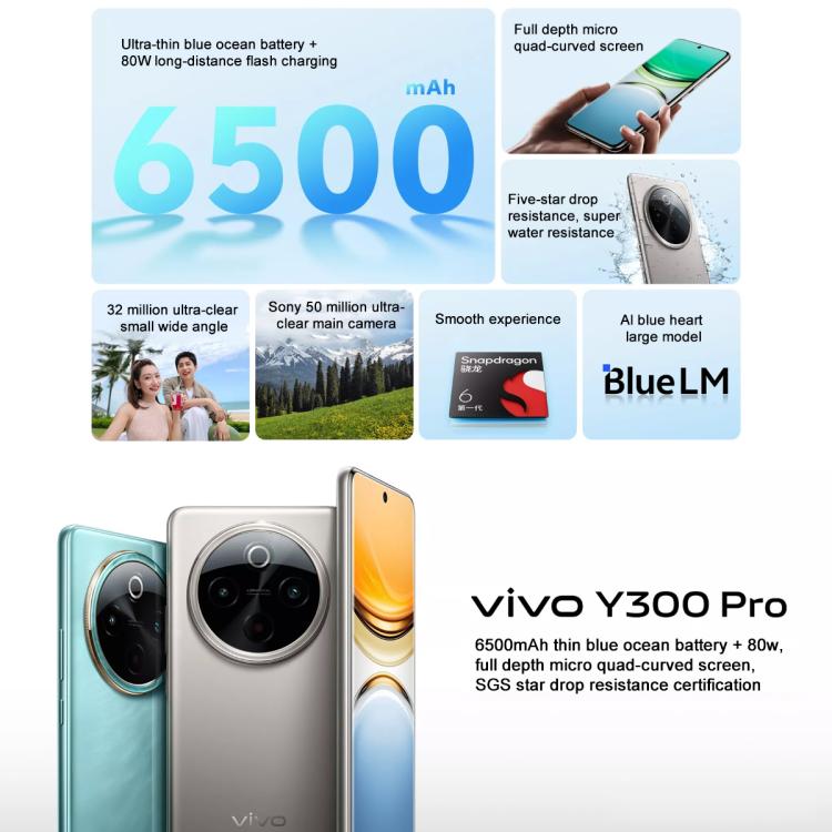 vivo Y300 Pro, 8GB+128GB, Face ID / Screen Fingerprint Identification, 6.77 inch Android 14 OriginOS 4 Snapdragon 6 Gen 1 Octa Core, OTG, Network: 5G, vivo Y300 Pro, 8GB+128GB