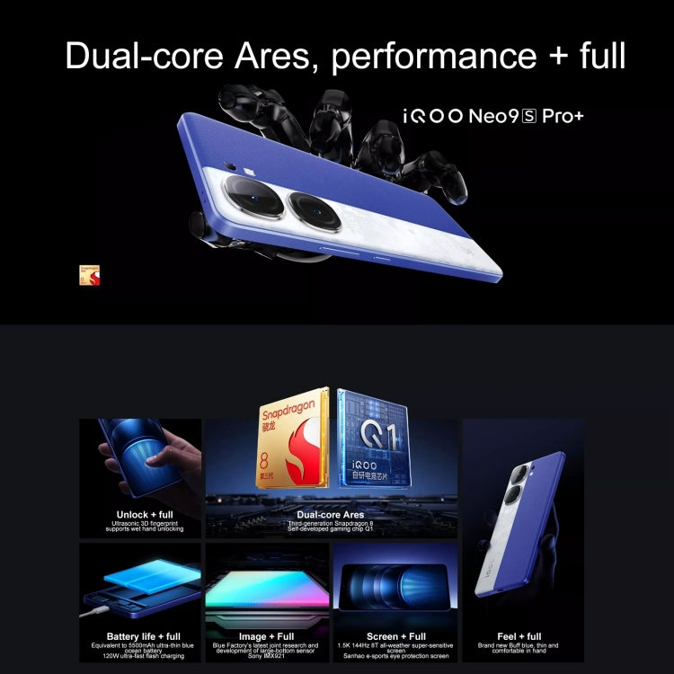 vivo iQOO Neo9S Pro+, 16GB+256GB, Face ID & Ultrasonic 3D Fingerprint Identification, 6.78 inch Android 14 OriginOS 4 Snapdragon 8 Gen 3 Octa Core 2.63GHz, OTG, NFC, Network: 5G, Support Google Play, 16GB+256GB