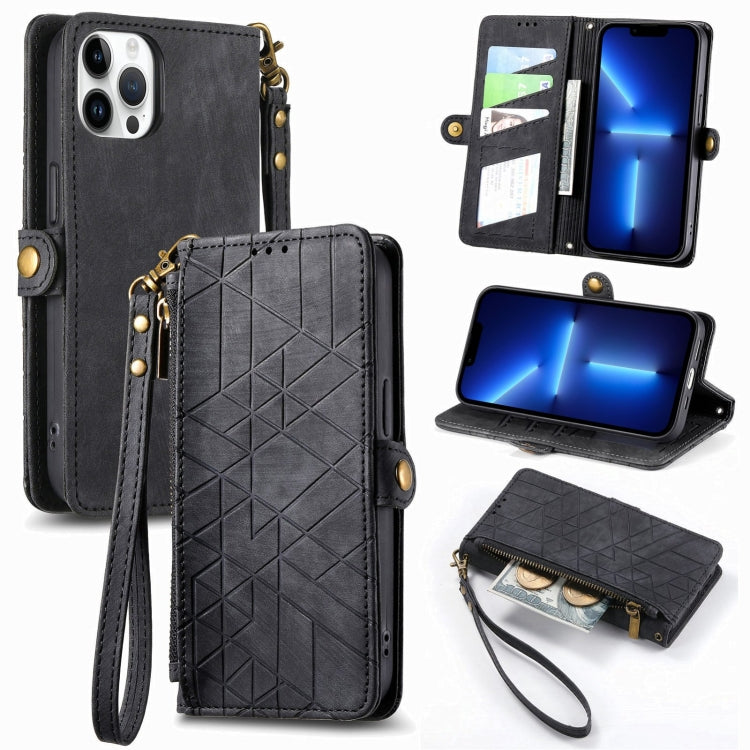 Geometric Zipper Wallet Side Buckle Leather Phone Case, For iPhone 14 Pro, For iPhone 14 Pro Max, For iPhone 7 / 8 / SE 2022, For iPhone 13 Pro Max, For iPhone 13 Pro