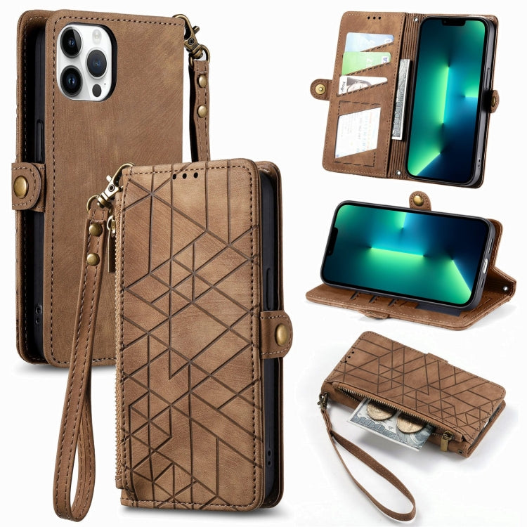 Geometric Zipper Wallet Side Buckle Leather Phone Case, For iPhone 14 Pro, For iPhone 14 Pro Max, For iPhone 7 / 8 / SE 2022, For iPhone 13 Pro Max, For iPhone 13 Pro