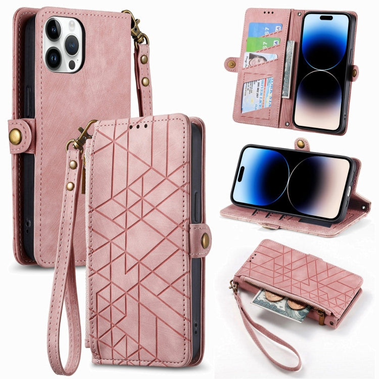 Geometric Zipper Wallet Side Buckle Leather Phone Case, For iPhone 15 Pro, For iPhone 15 Plus, For iPhone 15, For iPhone 14 Plus, For iPhone 14