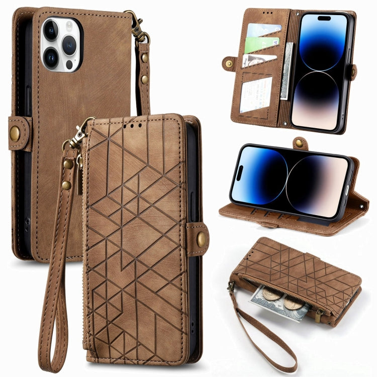 Geometric Zipper Wallet Side Buckle Leather Phone Case, For iPhone 16 Pro Max, For iPhone 16 Pro, For iPhone 16 Plus, For iPhone 16, For iPhone 15 Pro Max