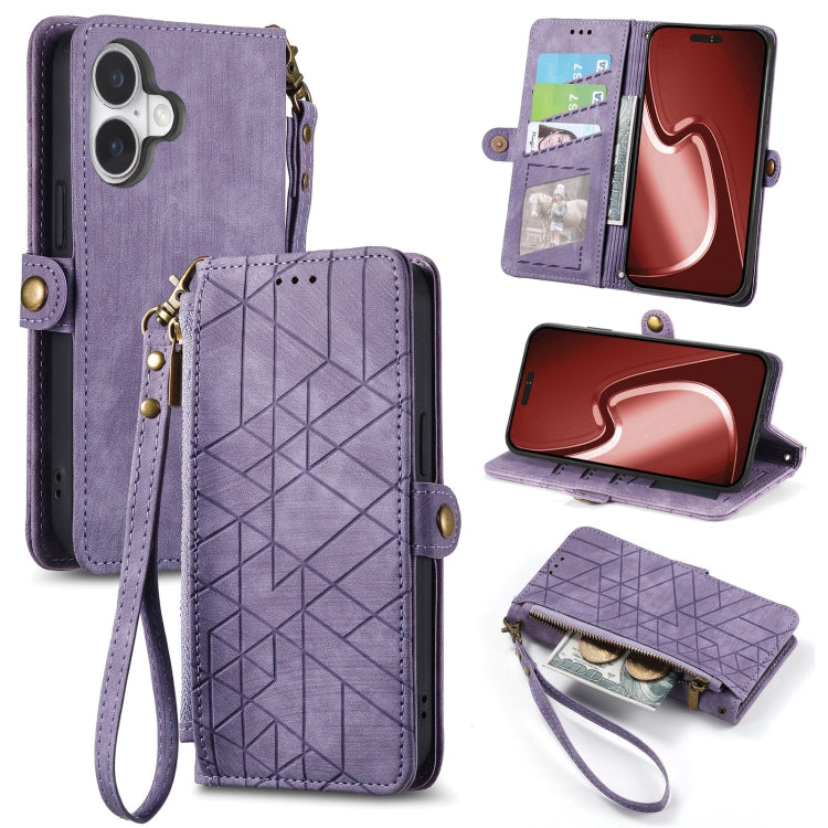 Geometric Zipper Wallet Side Buckle Leather Phone Case, For iPhone 16 Pro Max, For iPhone 16 Pro, For iPhone 16 Plus, For iPhone 16, For iPhone 15 Pro Max