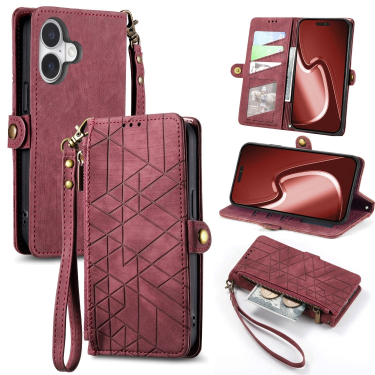 Geometric Zipper Wallet Side Buckle Leather Phone Case, For iPhone 16 Pro Max, For iPhone 16 Pro, For iPhone 16 Plus, For iPhone 16, For iPhone 15 Pro Max