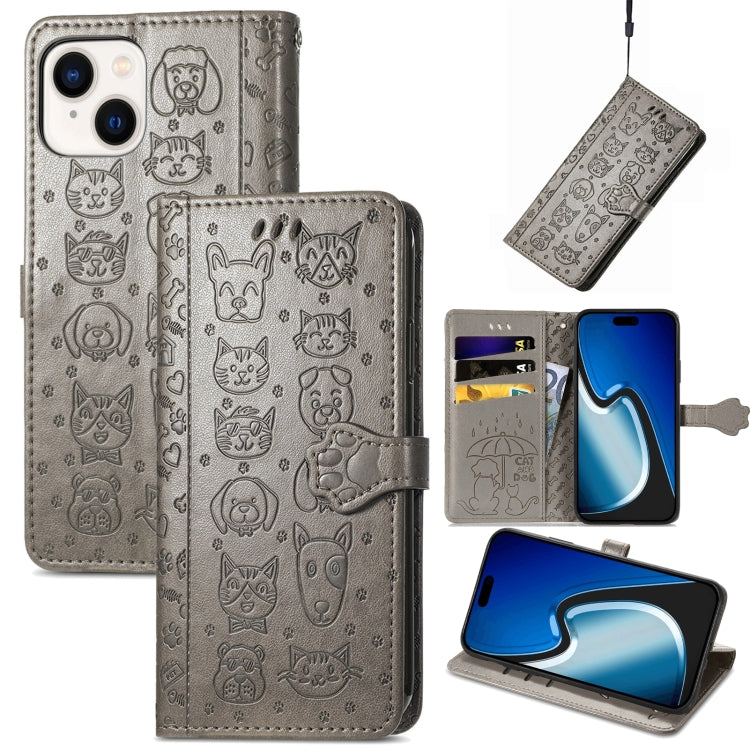 Cat and Dog Embossed Leather Phone Case, For iPhone 15