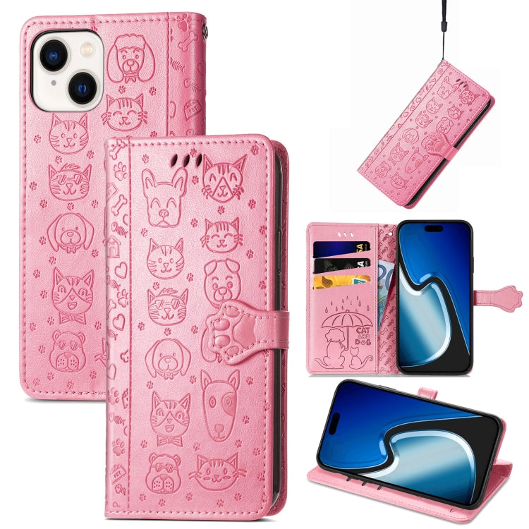 Cat and Dog Embossed Leather Phone Case, iPhone 16e, For iPhone 15 Pro Max, For iPhone 15 Pro, For iPhone 15 Plus