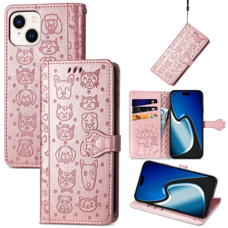 Cat and Dog Embossed Leather Phone Case, iPhone 16e, For iPhone 15 Pro Max, For iPhone 15 Pro, For iPhone 15 Plus